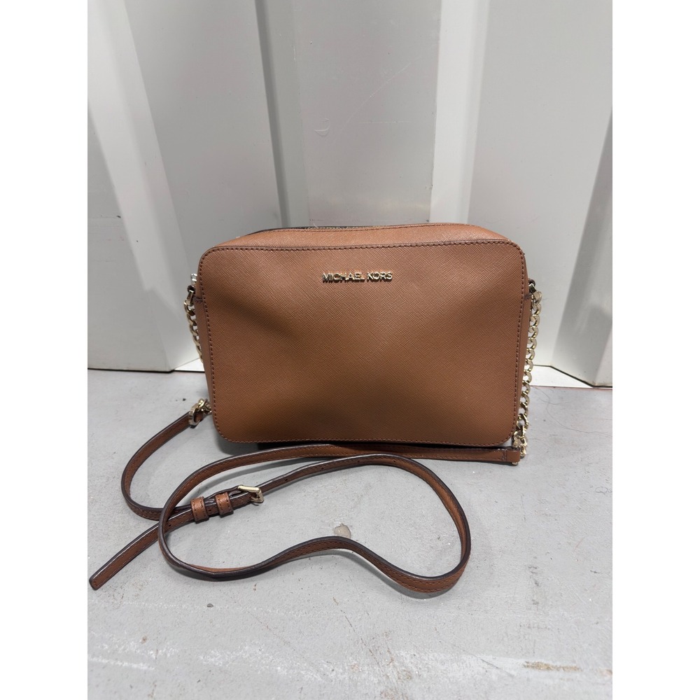 Michael Kors Jet Set East West Crossbody Bag Luggage Saffiano Leather Gold Chain